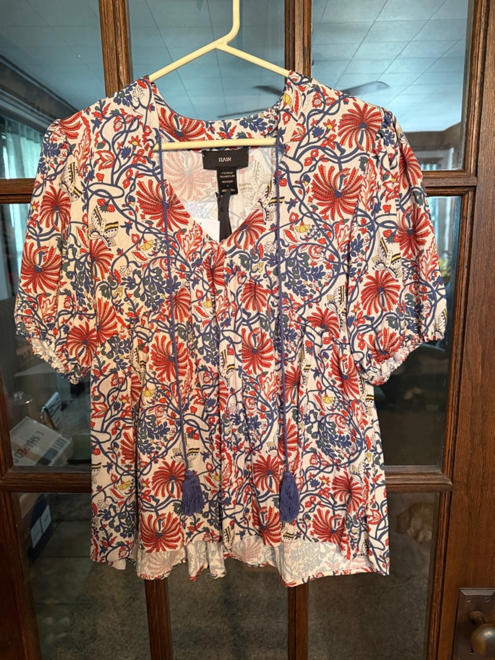 Rain Navy Multi Floral Tassel Tie Puff Sleeve Blouse OR5844 Small NEW